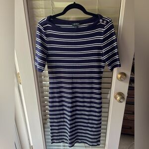 Lauren Ralph Lauren Midi Dark Navy/White Stripe Cotton Fitted Dress in Size M